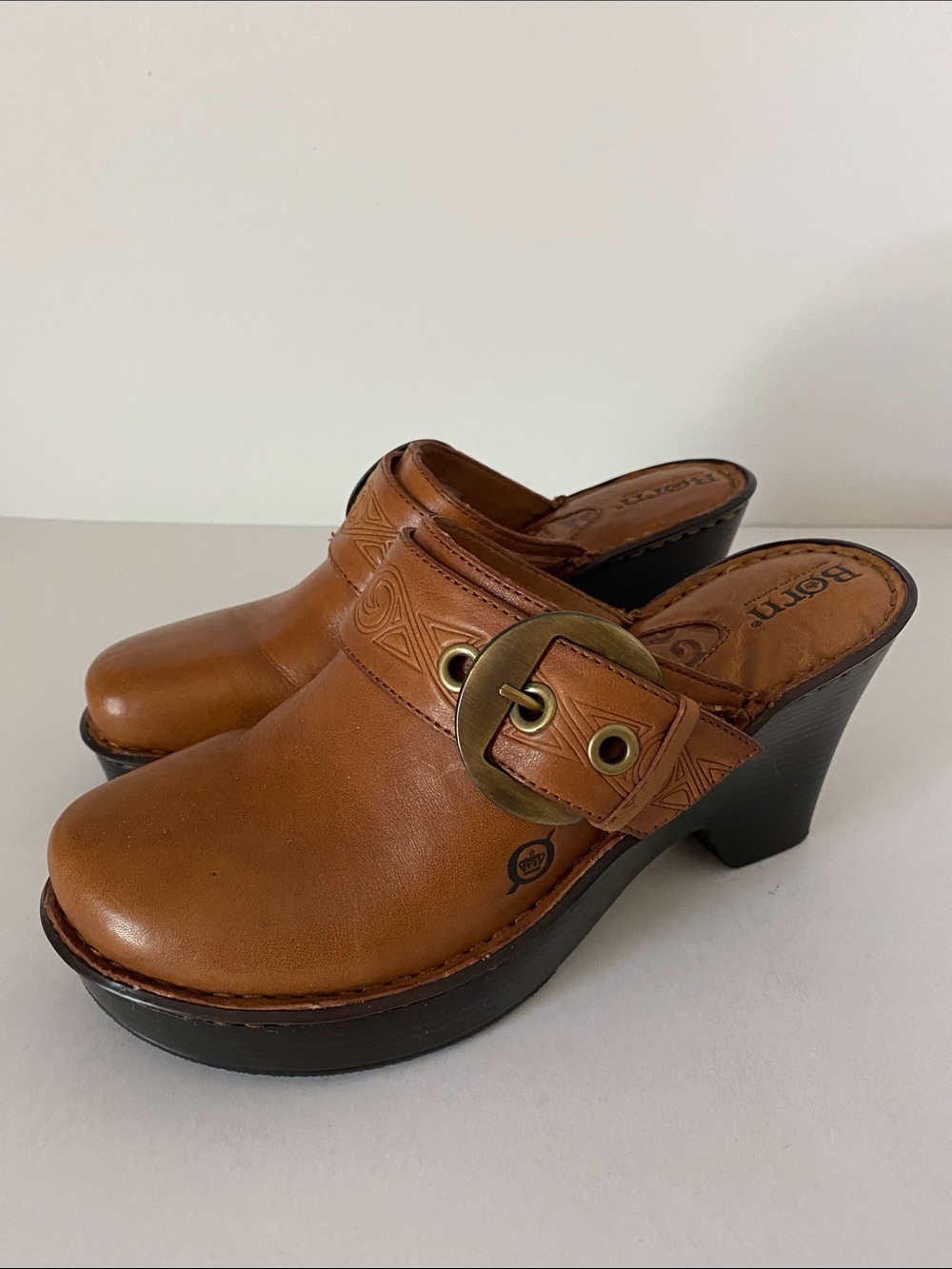 Born Tan Leather Buckle Clog Heels Size 38/7